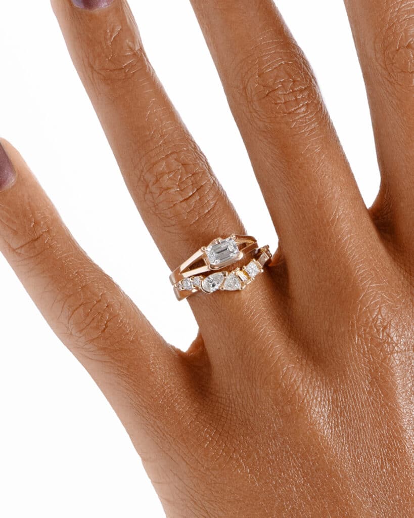 Fusion Diamond Band with Myrtle Diamond Emerald Cut Ring on Figure