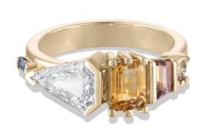 Fusion Shield Cut Diamond and Apricot Sapphire Ring