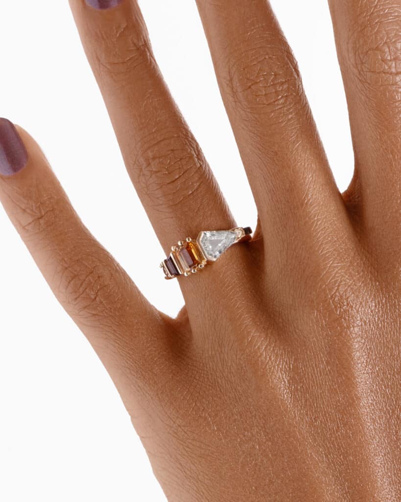 Fusion Shield Cut Diamond and Apricot Sapphire Ring_ECOMM_On Figure_WEB2