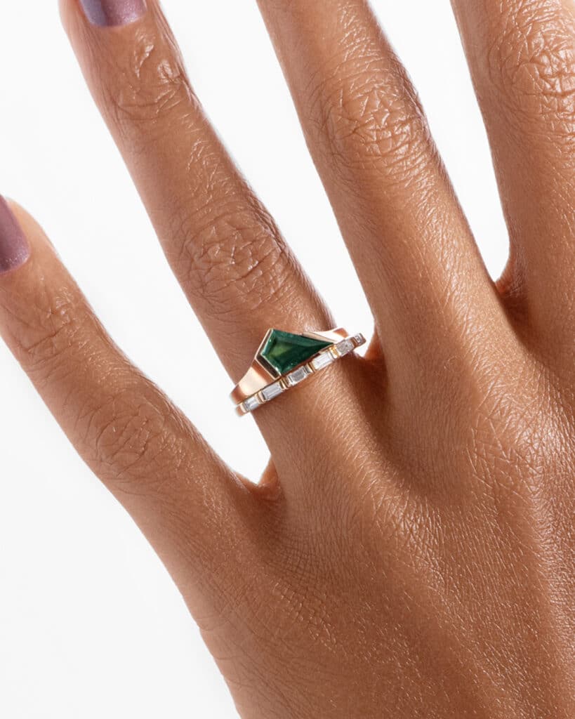 Icon Kite Cut Ring with Baguette Diamond Band on figure