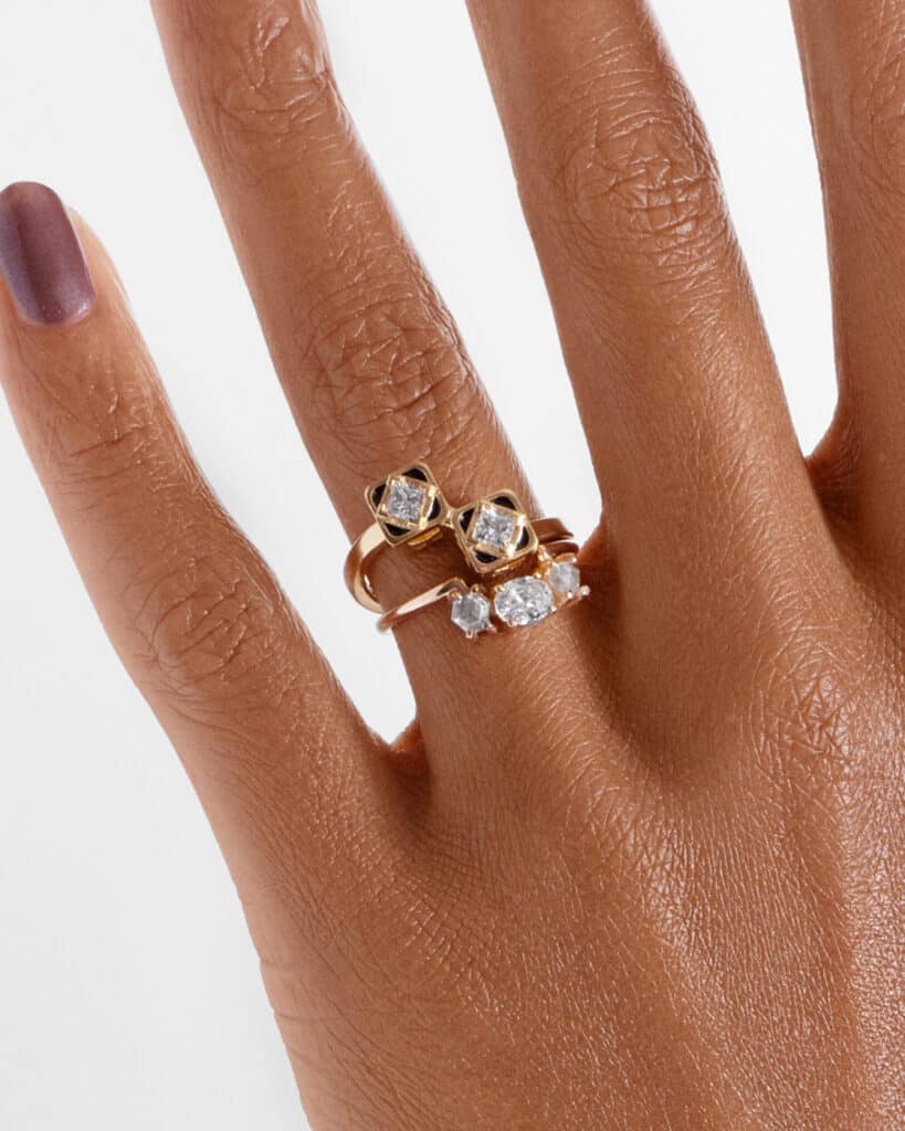 Senna Diamond Toi et Moi Black Enamel Ring with Icon Hex Diamond Ring on figure