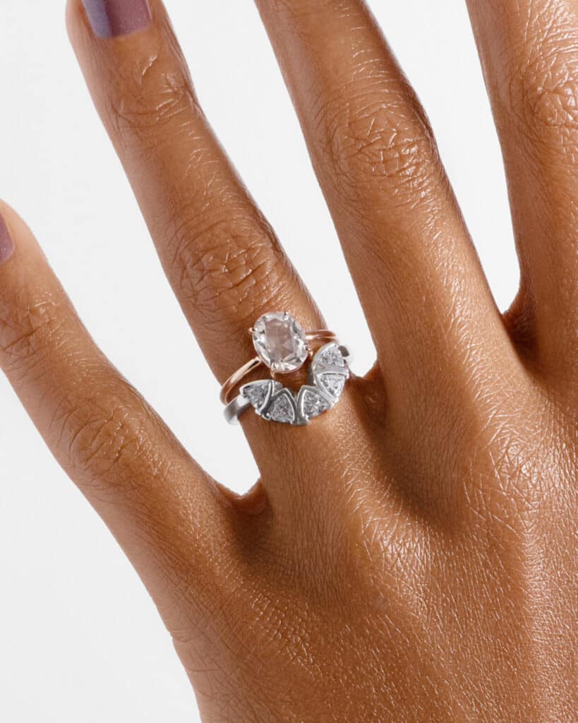 Trillion Curved Diamond Band with Kalmia Diamond Oval Ring on figure