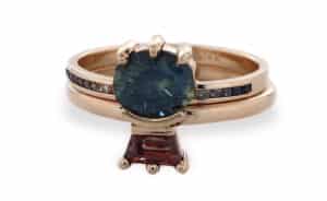 Custom Blue Green Sapphire and Dark Peach Zircon Ring