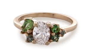 Custom Oval Cut Diamond and Green Tourmaline Cluster Ring
