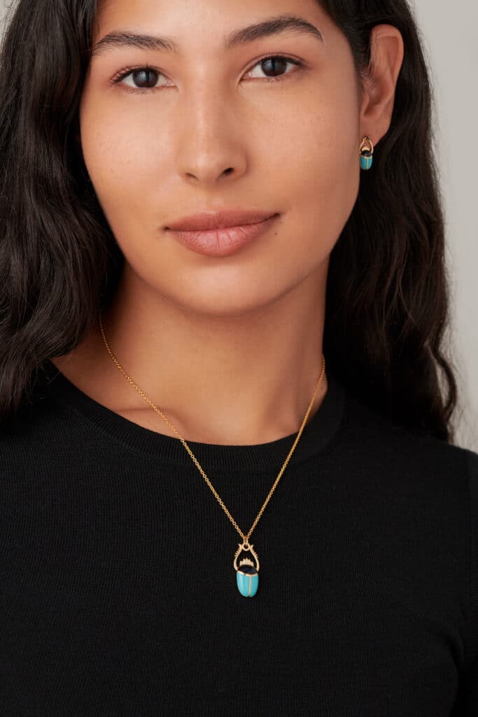 Scarab Turquoise and Black Enamel Pendant on figure