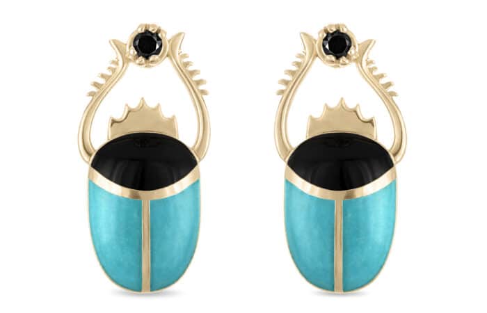 Scarab Turquoise and Black Enamel Earring Jackets Gold Vermeil