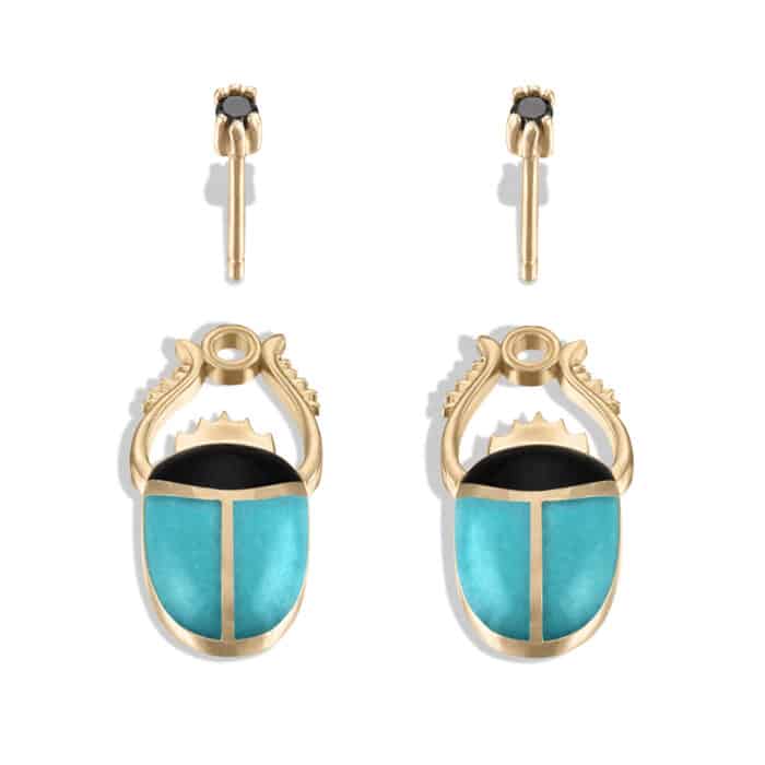 Scarab Turquoise and Black Enamel Earring Jackets Gold Vermeil - Image 2