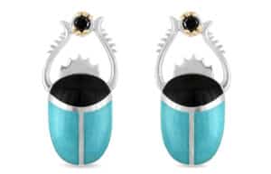 Scarab Turquoise and Black Enamel Earring Jackets Silver