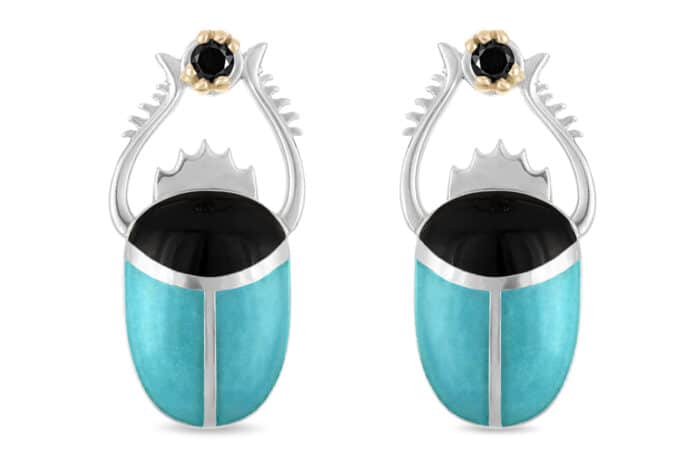 Scarab Turquoise and Black Enamel Earring Jackets Silver