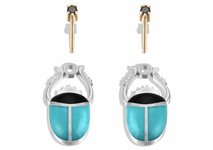 Scarab Turquoise and Black Enamel Earring Jackets Silver - Image 2