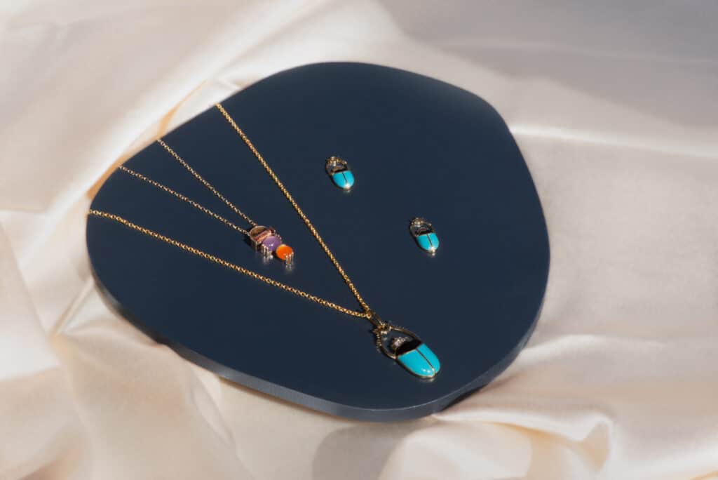 Hieros Sunrise Pendant, Scarab Turquoise & Black Enamel pendant gold vermeil, Scarab Turquoise & Black Enamel earring jackets gold vermeil